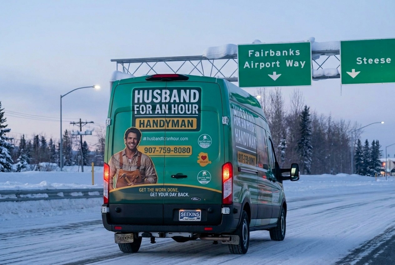 Husband for an Hour wrapped service van on Airport Way in Fairbanks, Alaska, near the Fairbanks Airport Way and Steese Highway signs